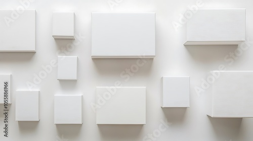 Flat lay of multiple mockup boxes in various sizes, arranged on a light surface for an organized packaging display