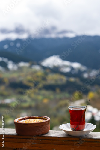 Turkish Tea (Türk Çayı) and Turkish Rice Pudding (Sutlac) Photo, Artin Turkiye (Turkey) photo