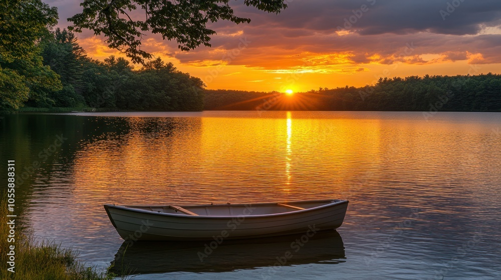 A lone boat on a still lake at sunset, with golden reflections on the water. A lone boat on a still lake at sunset, with golden reflections on the water.