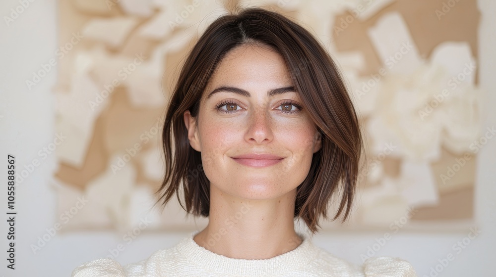 Captivating portrait of a young woman smiling brightly against a soft artistic background symbolizing confidence and authenticity Captivating portrait of a young woman smiling brightly against a soft artistic background symbolizing confidence and authenticity