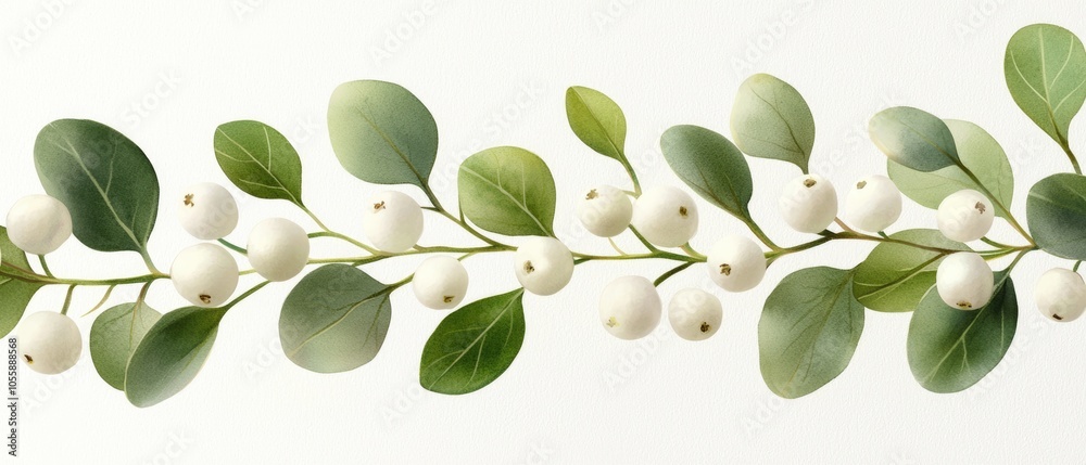Obraz premium Delicate watercolor mistletoe branches, soft greens and white berries, floating on a light gray background, seamless pattern