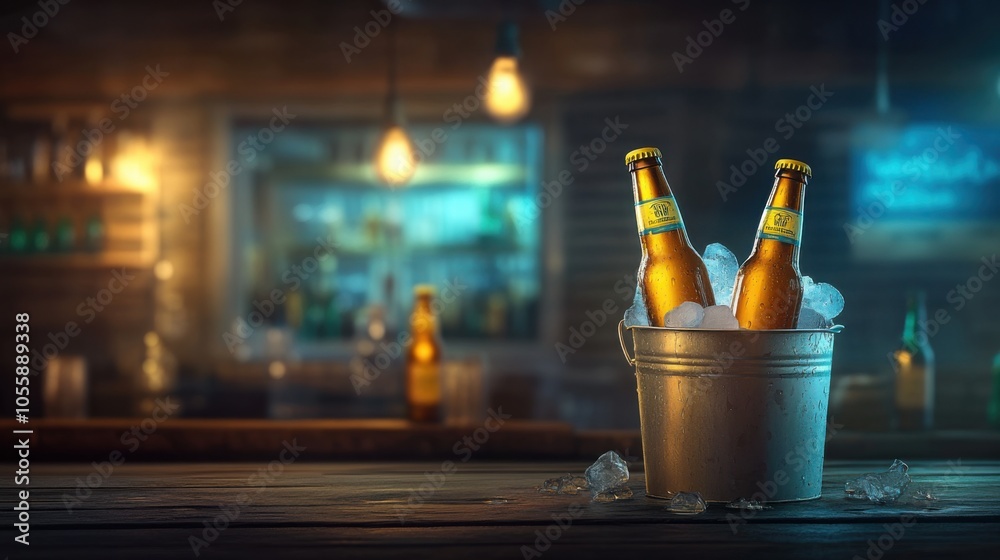Two cold beer bottles sit in a metal bucket filled with ice, placed on a wooden table at an inviting restaurant outdoor patio. Two cold beer bottles sit in a metal bucket filled with ice, placed on a wooden table at an inviting restaurant outdoor patio.