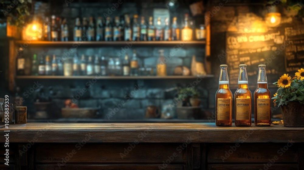 Two cold beer bottles sit in a metal bucket filled with ice, placed on a wooden table at an inviting restaurant outdoor patio. Two cold beer bottles sit in a metal bucket filled with ice, placed on a wooden table at an inviting restaurant outdoor patio.