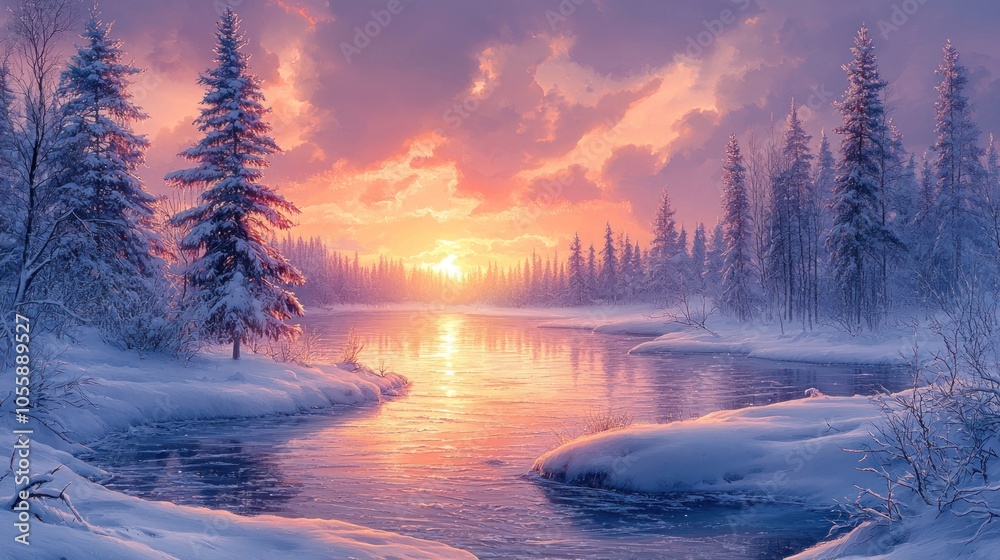 A Snowy River Winding Through a Forest at Sunset A Snowy River Winding Through a Forest at Sunset