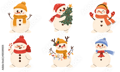 Set of various Cute snowman illustration in children's style on New Year's theme. Snowman in a hat, mittens scarf and headphones.  Flat vector illustration isolated on white background