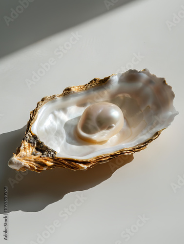 A oyster shell with pearl on a white background with a gold rim, 