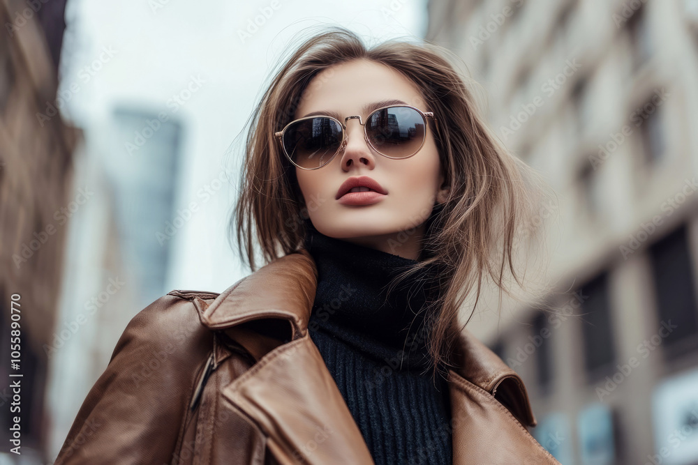 A young model poses in an urban environment in a coat, hat and sunglasses A young model poses in an urban environment in a coat, hat and sunglasses