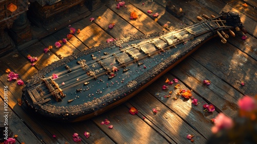 A traditional Burmese harp or saung, a stringed musical instrument, rests on a wooden floor, adorned with pink flower petals. photo