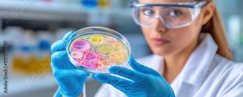 Scientist examining colorful cell cultures in a laboratory, wearing gloves and safety goggles.