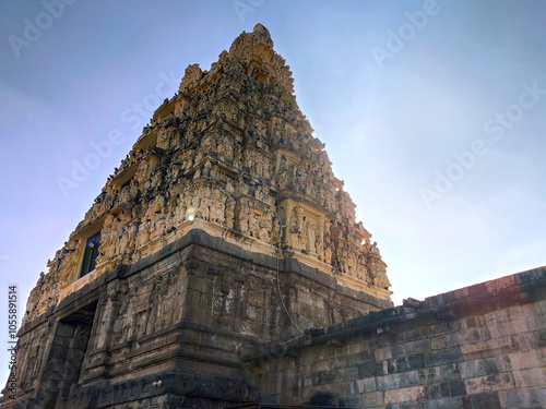 A majestic view of Belur’s Chennakeshava Temple in Karnataka. The intricate carvings on the towering gopuram create a visual spectacle, with light and shadow highlighting its fine craftsmanship.
