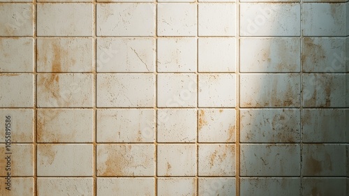 Close-up of aged, stained ceramic tiles with visible dirt and grunge texture. Faded light adds a rustic, neglected look.