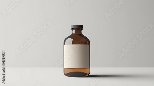 Glass bottle with blank label mockup, positioned against a light gray background with clean shadow effect