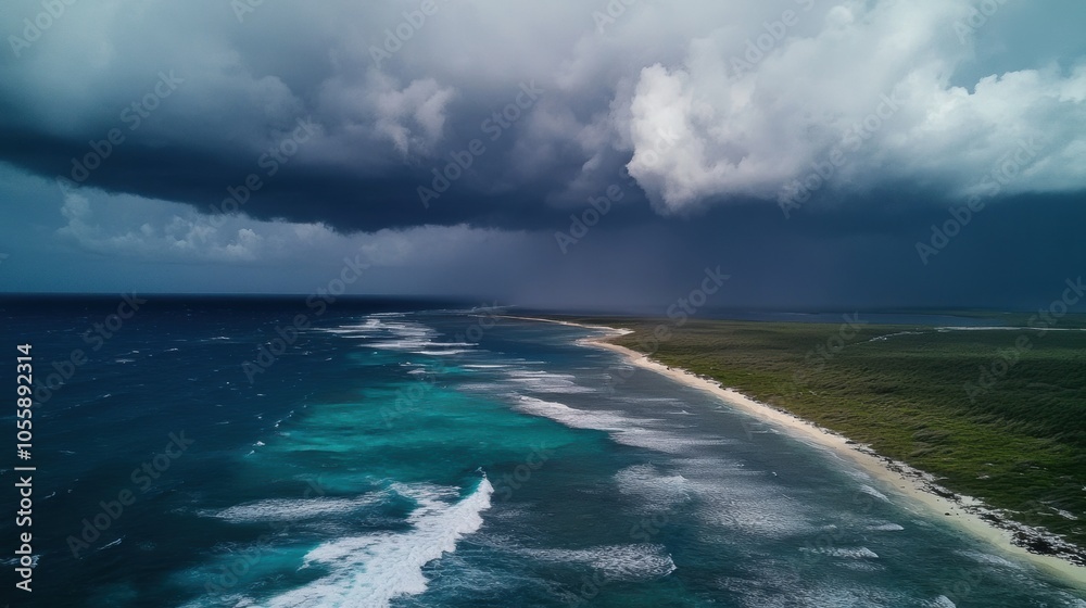 Dramatic coastal view under impending storm clouds at twilight