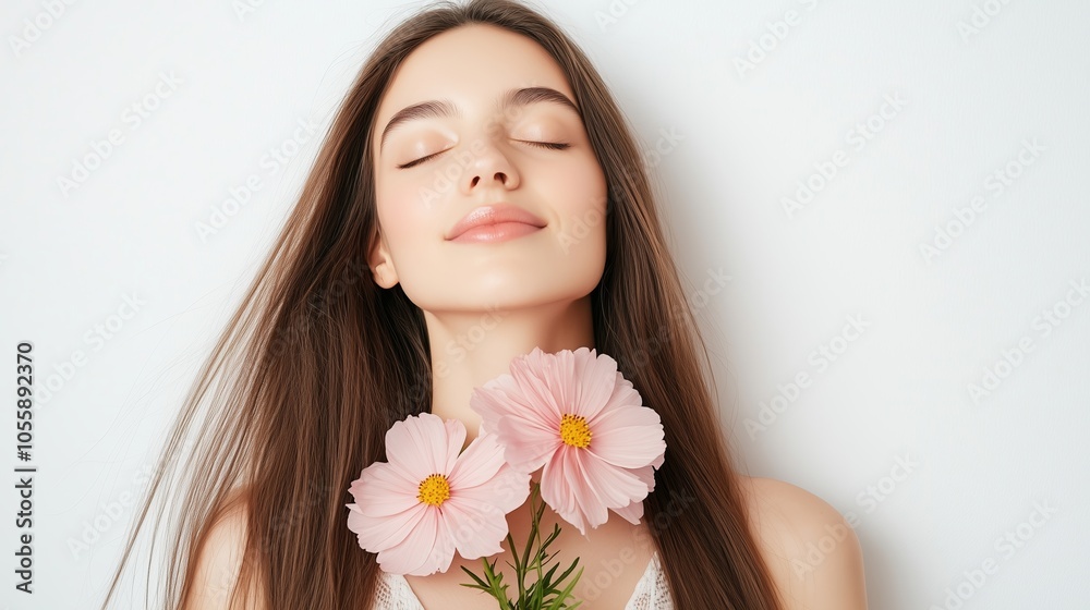 Young woman with long hair gently holding pink flowers, enjoying a serene moment against a plain background