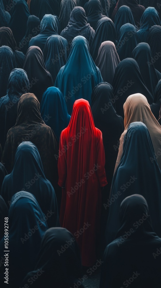 Obraz premium A red woman stands out in a crowd of people wearing a red robe