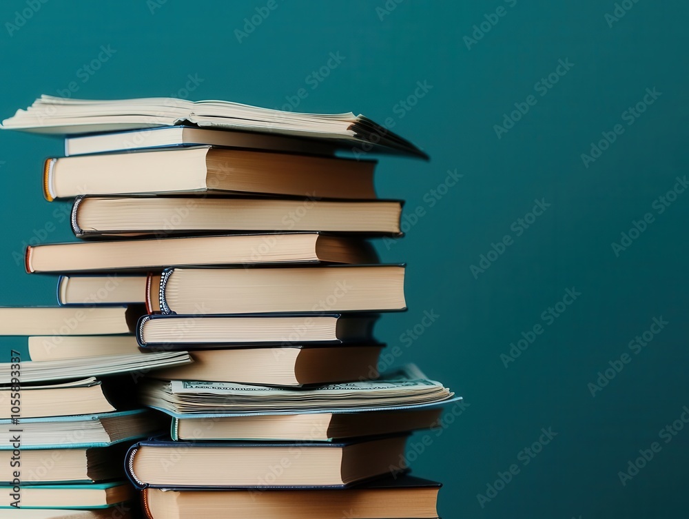 Pile of books with dollar bills tucked inside, educational value Pile of books with dollar bills tucked inside, educational value