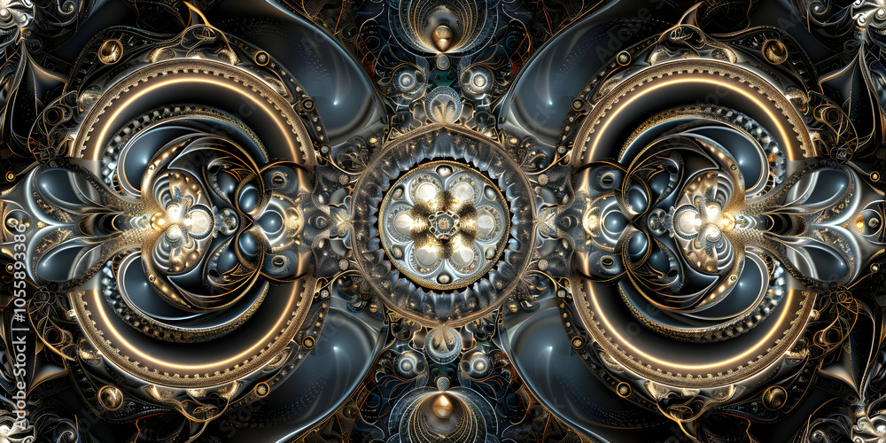 A complex, symmetrical fractal design featuring intricate patterns and metallic colors. A complex, symmetrical fractal design featuring intricate patterns and metallic colors.