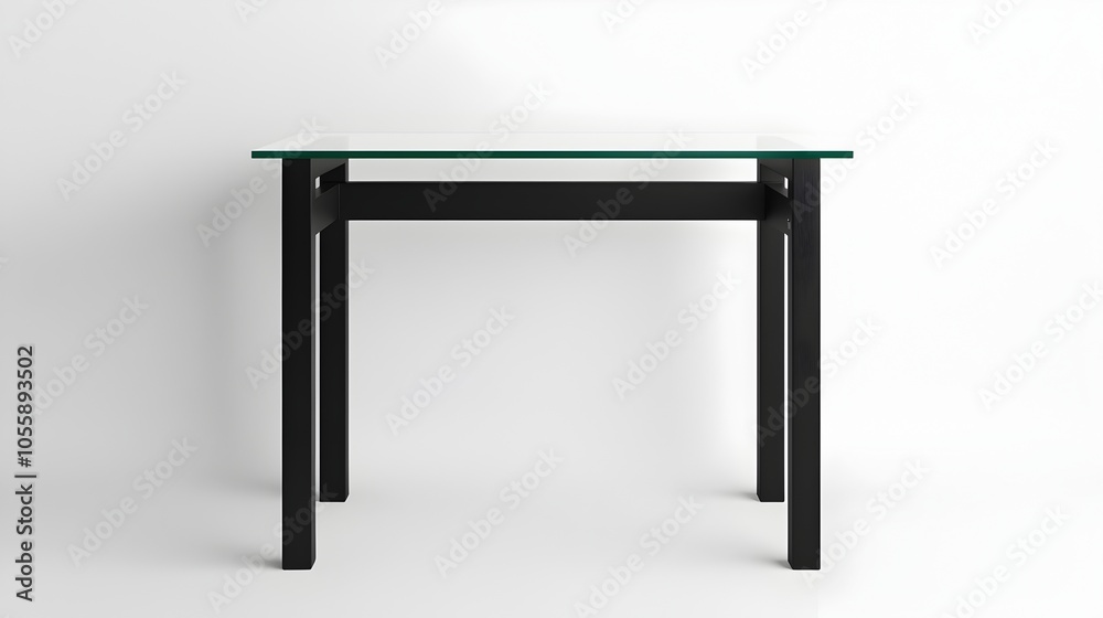 Contemporary minimalist glass top desk with a sleek metal frame set against a plain white background showcasing a clean and professional office workspace setup Contemporary minimalist glass top desk with a sleek metal frame set against a plain white background showcasing a clean and professional office workspace setup