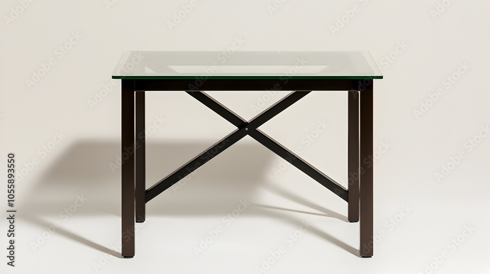 Stylish and Minimalist Glass top Desk with Metal Frame Placed on a Plain White Background Showcasing a Modern and Elegant Office or Workspace Design Stylish and Minimalist Glass top Desk with Metal Frame Placed on a Plain White Background Showcasing a Modern and Elegant Office or Workspace Design