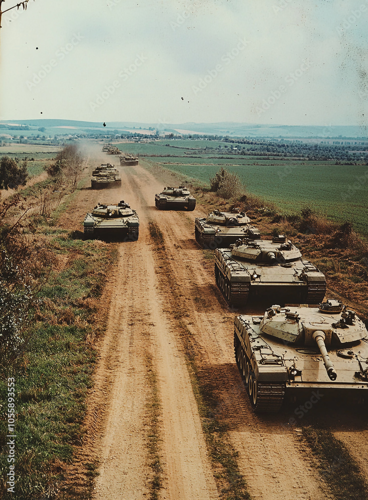 Naklejka premium A line of tanks are driving down a dirt road. The tanks are in a row and are moving in the same direction