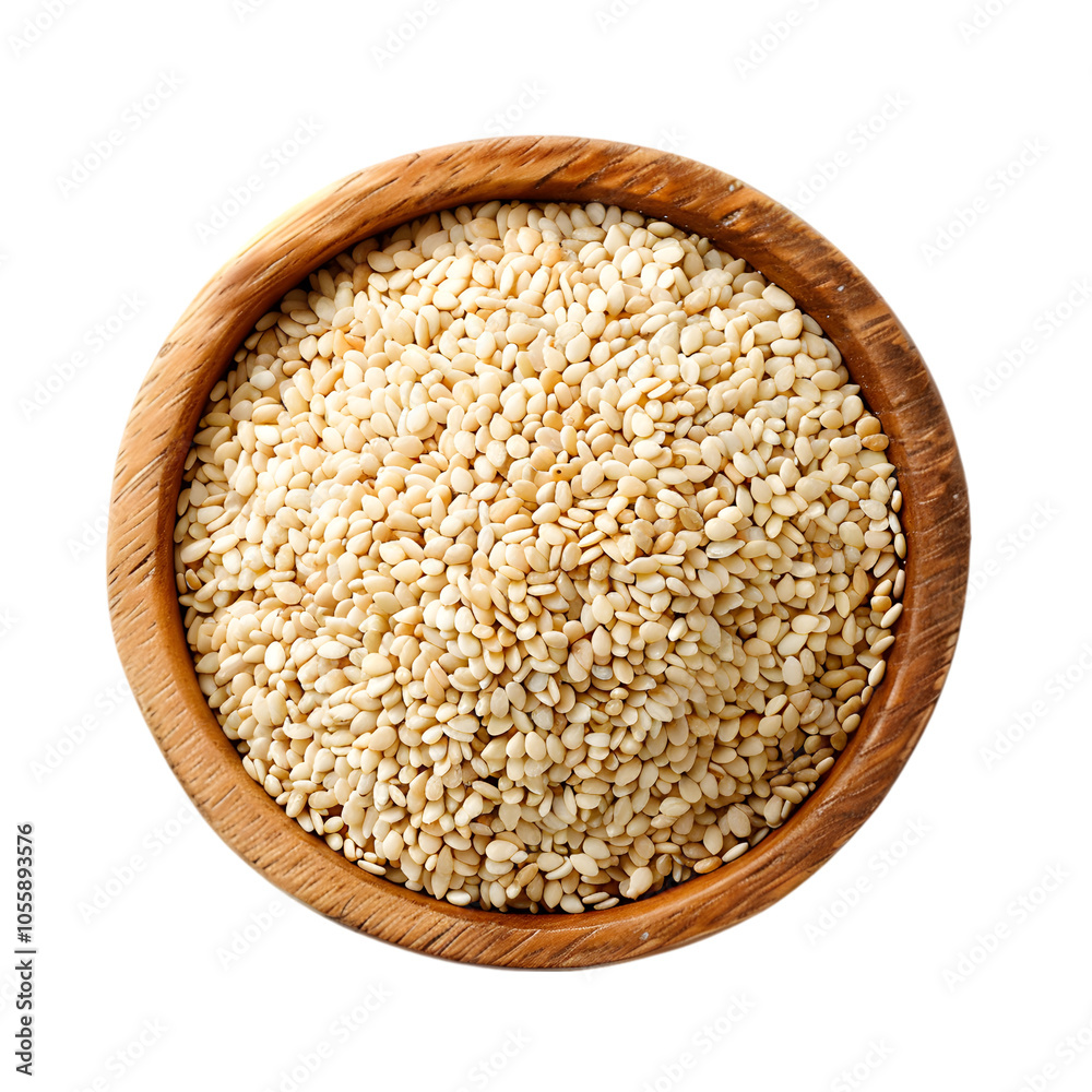 A wooden bowl filled with sesame seeds on a transparent background A wooden bowl filled with sesame seeds on a transparent background