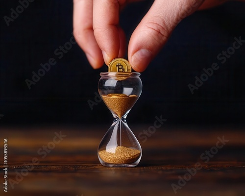 Hand placing a coin on an hourglass, timemoney value relationship photo