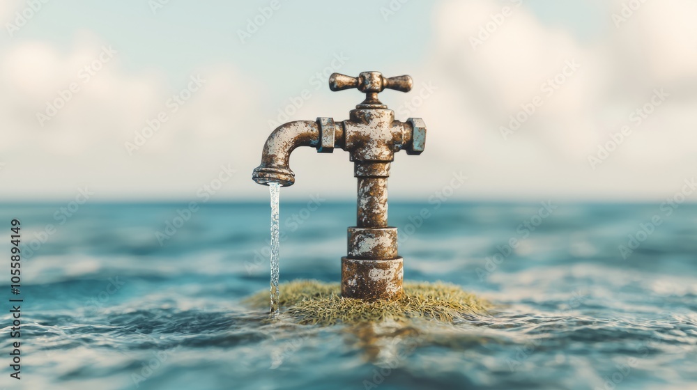 A rusty faucet emerges from the ocean, with a single stream of water dripping from its spout, suggesting a dwindling resource. A rusty faucet emerges from the ocean, with a single stream of water dripping from its spout, suggesting a dwindling resource.