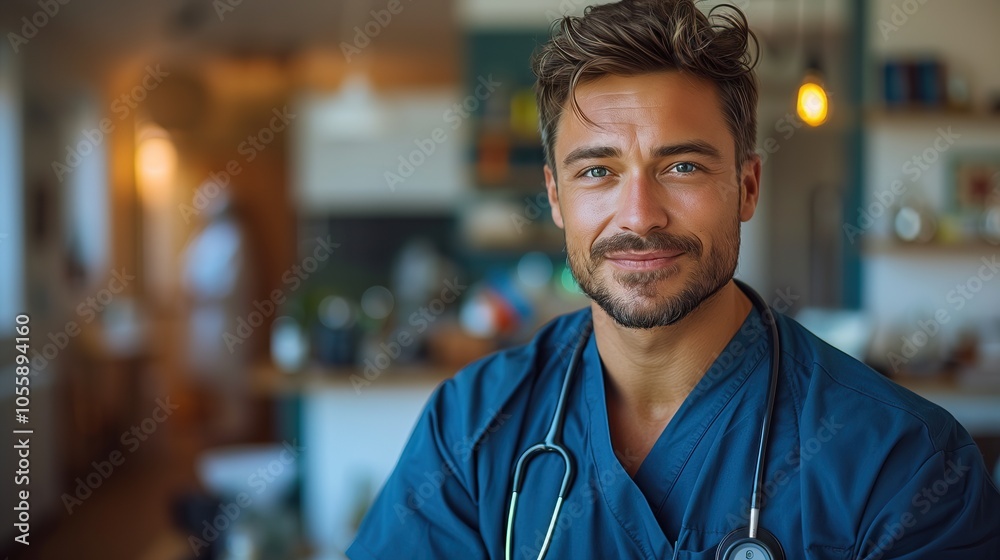 Portrait of a dedicated male nurse in uniform, showcasing compassion and professionalism in a healthcare setting, embodying the spirit of patient care and support.