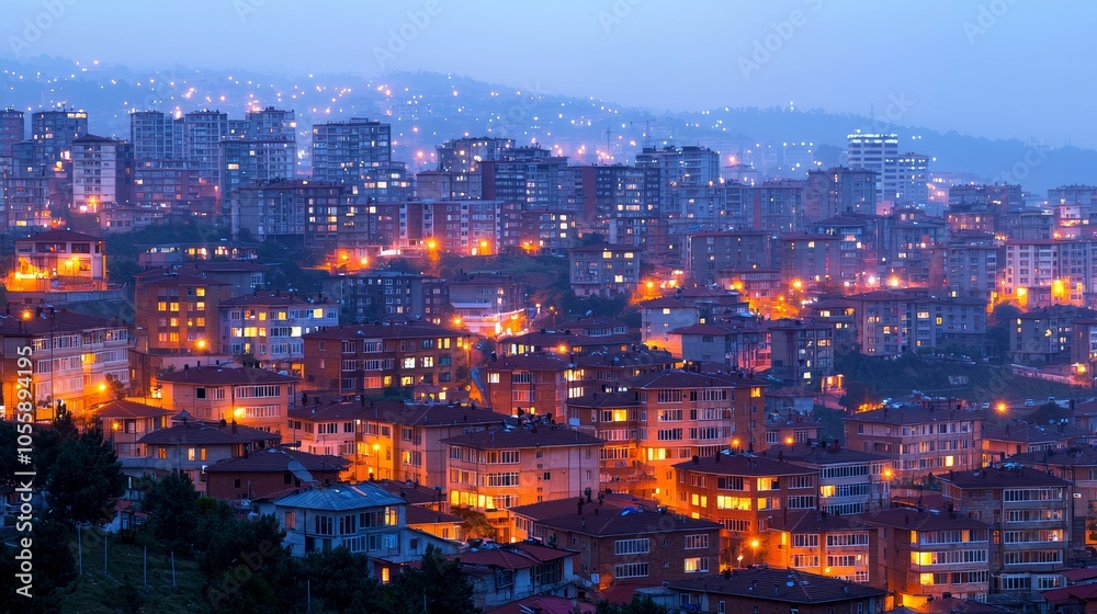 A captivating evening view of a vibrant urban landscape bathed in warm lights against the dusky sky A captivating evening view of a vibrant urban landscape bathed in warm lights against the dusky sky