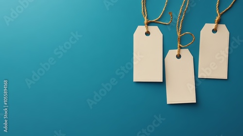 Blank white tags on vibrant blue background, customizable labels for retail, branding, and more