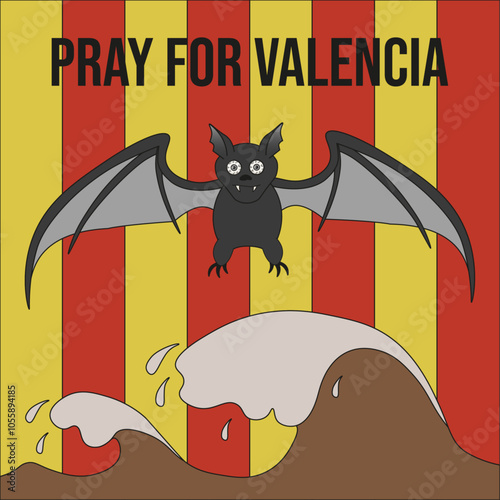 Pray for Valencia vector concept. Bat above a stream of dirty water on the background of colors of Valencia emblem. 