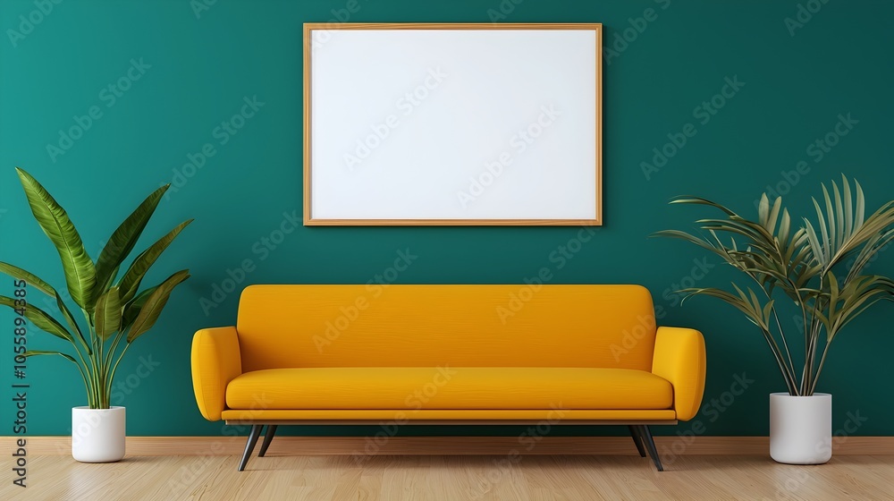 Spacious and Inviting Scandinavian Inspired Living Room with Vibrant Yellow Sofa Teal Walls and Minimalist Poster Frame Spacious and Inviting Scandinavian Inspired Living Room with Vibrant Yellow Sofa Teal Walls and Minimalist Poster Frame