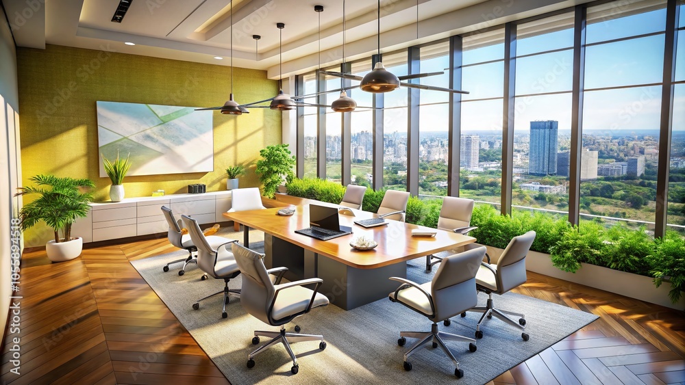 Modern Interior Meeting Room with Drone Photography Perspective for Business Collaboration Modern Interior Meeting Room with Drone Photography Perspective for Business Collaboration