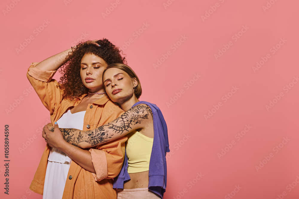 A joyful and diverse lesbian couple showcases affection and beauty in a bright studio setting. A joyful and diverse lesbian couple showcases affection and beauty in a bright studio setting.