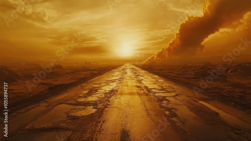 A deserted road in a sun-scorched flatland, with heatwaves distorting the horizon and the road surface appearing to melt in the distance photo