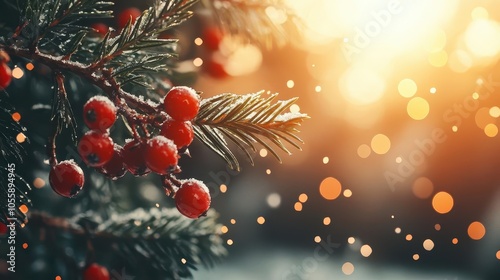 Frostcovered berries on evergreen branches, glistening in the cold winter sunlight, festive detail photo