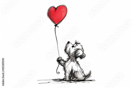 Illustration of a cute dog holding a heart balloon.