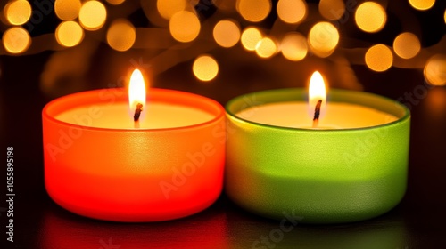 Two candles emit a warm glow against backdrop of twinkling lights, creating cozy and serene ambiance