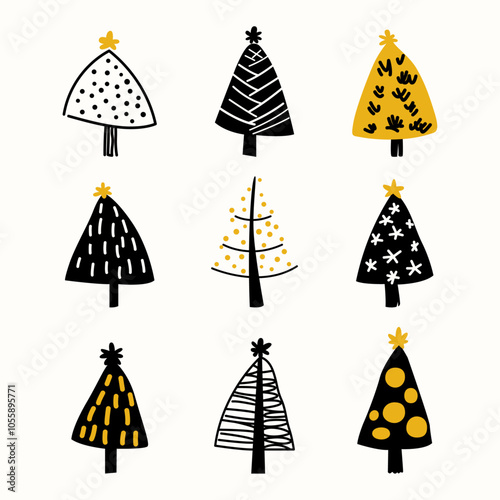 Set of minimalist Christmas trees in unique shapes, black, white and yellow color palette, vector illustration