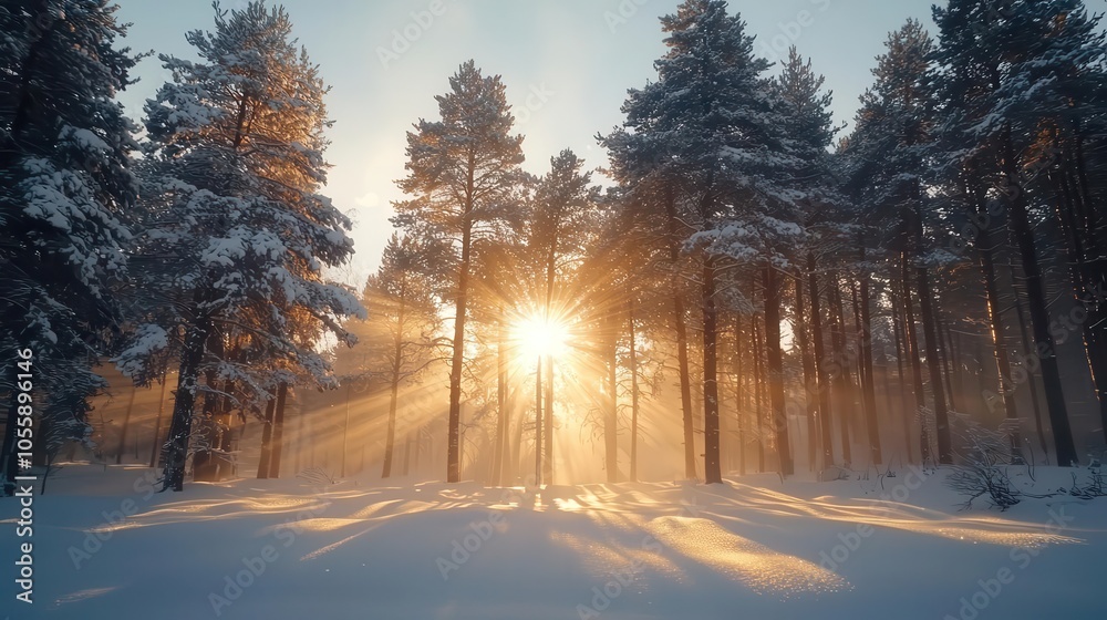 Frosty morning with sunlight streaming through snowcovered trees, peaceful festive winter morning Frosty morning with sunlight streaming through snowcovered trees, peaceful festive winter morning