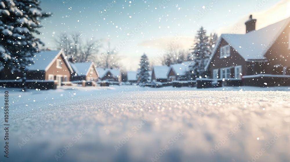 Fototapeta premium Frosty morning with sunlight sparkling on snowcovered rooftops, festive decorations visible in windows