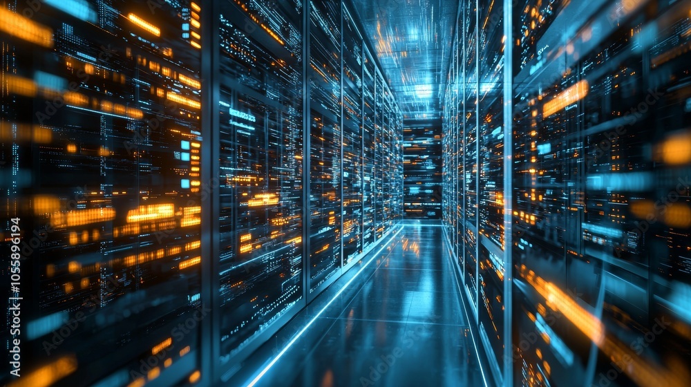 Modern data center with glowing server racks Modern data center with glowing server racks