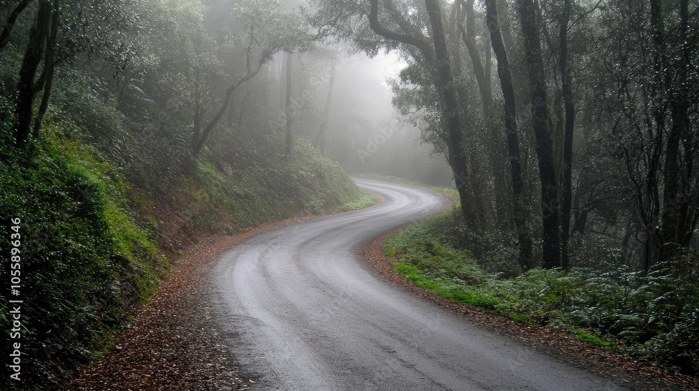 Obraz premium A foggy road winding through a dense forest, the path fading into the mist with no sign of what lies ahead