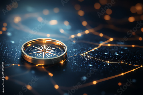Visionary map with compass, future goals marked, 3D illustration
