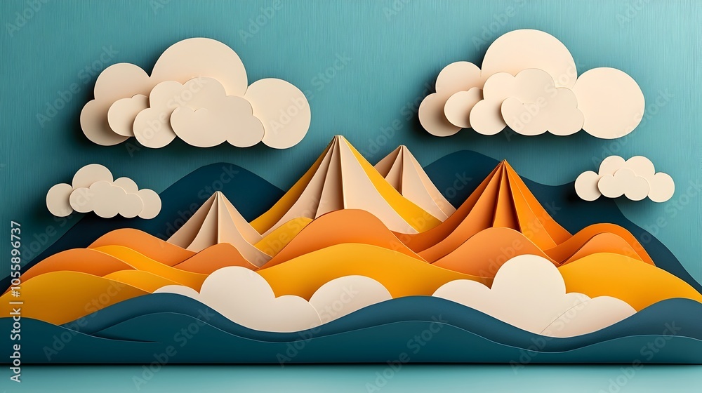 Tranquil Layered 3D Paper Cut Mountains and Clouds Forming a Peaceful and Minimalist Scenic Landscape Digital with Natural Colors and Geometric Shapes Tranquil Layered 3D Paper Cut Mountains and Clouds Forming a Peaceful and Minimalist Scenic Landscape Digital with Natural Colors and Geometric Shapes