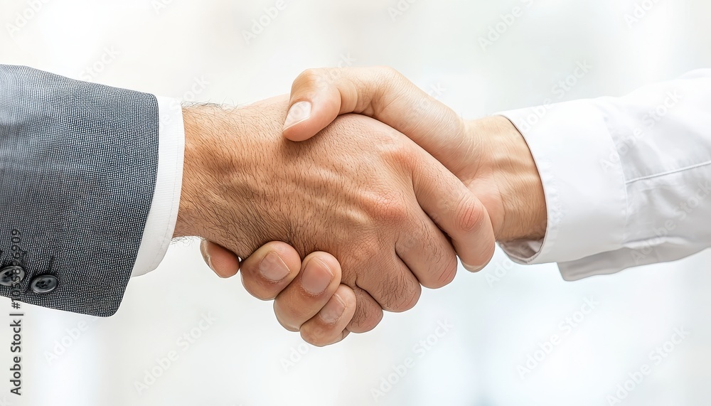 Two businessmen professionals shaking hands in a professional setting.