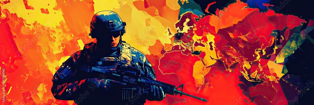 Global Military Power Represented by Soldier on World Map Backdrop Global Military Power Represented by Soldier on World Map Backdrop