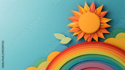 Vibrant 3D Paper Cut Sun and Rainbow Scene with Playful Layered Shapes and Bright Cheerful Colors Creating a Joyful Atmosphere photo