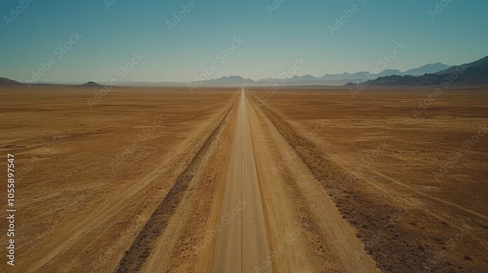 A long, straight road stretching into the horizon through a barren desert, with no other signs of life around A long, straight road stretching into the horizon through a barren desert, with no other signs of life around