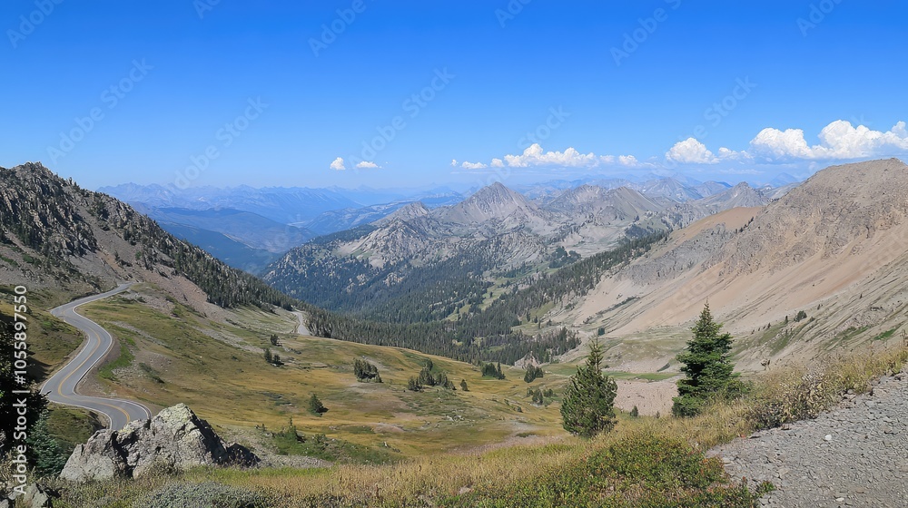 A high-elevation mountain road with switchbacks winding sharply up the slope, offering panoramic views of the distant peaks A high-elevation mountain road with switchbacks winding sharply up the slope, offering panoramic views of the distant peaks